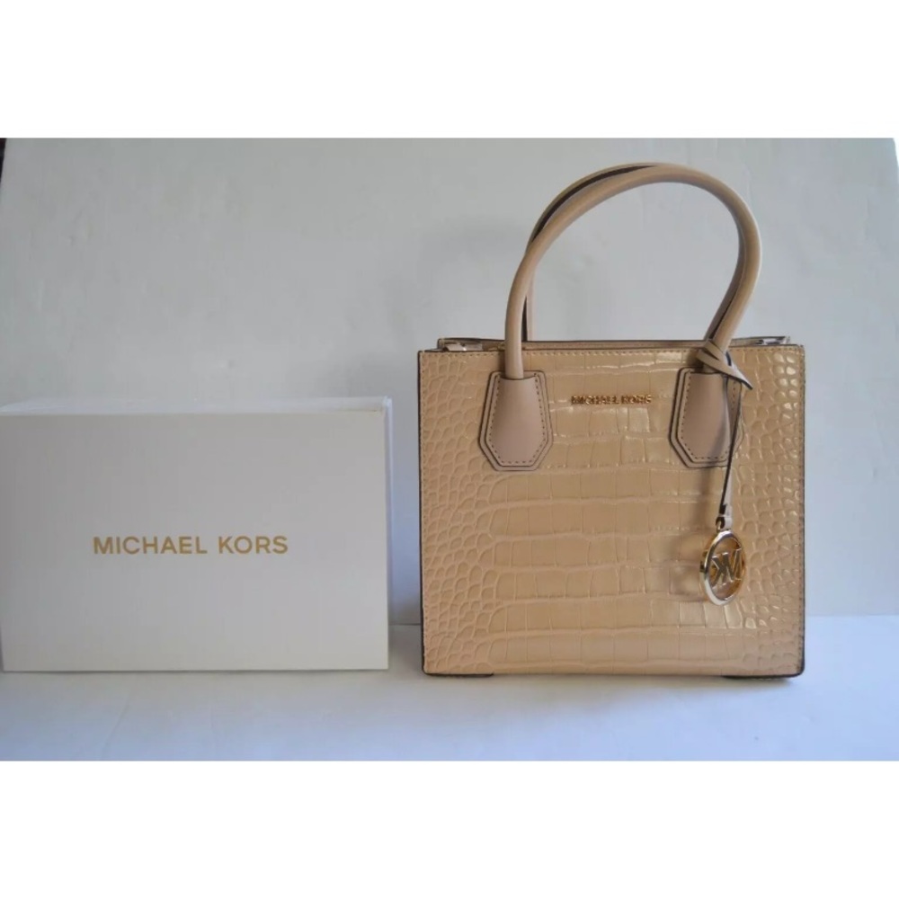 Michael Kors Mercer Crossbody Croc Embossed Beige Leather Bag New Without Tag